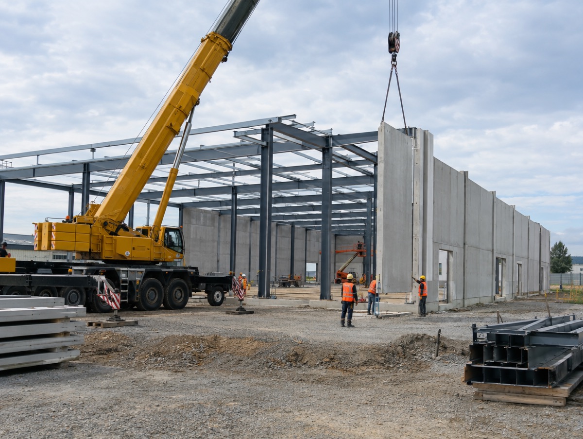 Gewerbehalle im Bau mit Kran