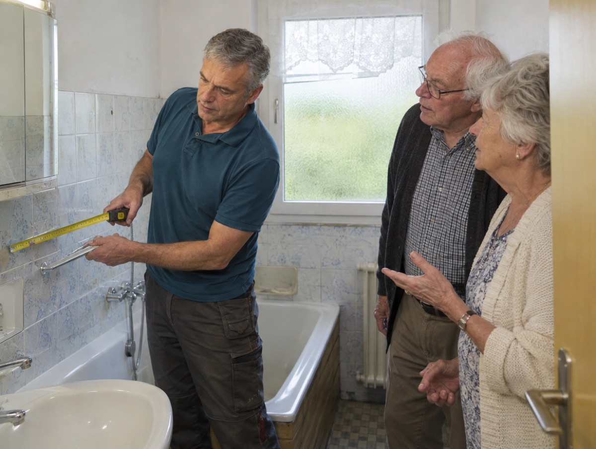 Handwerker misst ein Bad aus, ein älteres Ehepaar schaut zu