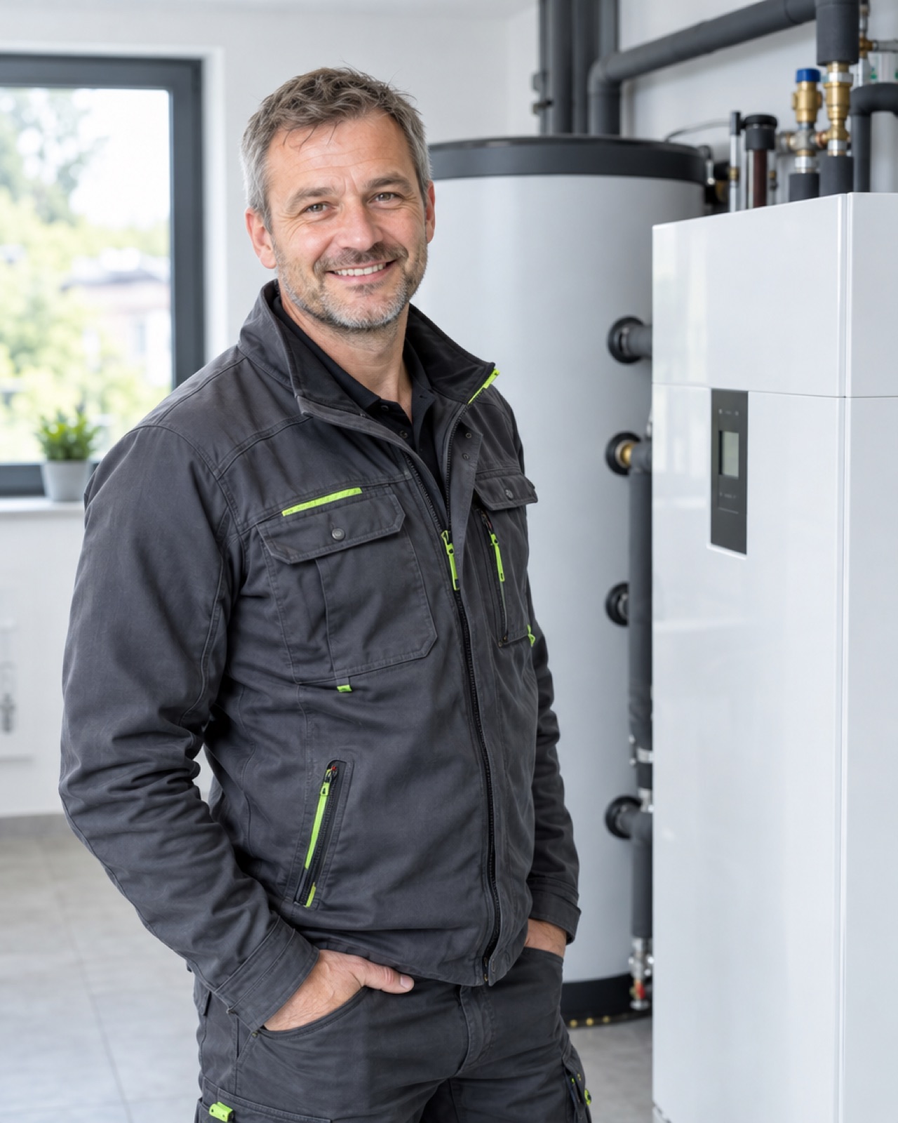 Thomas Pröll, Installateur- und Heizungsbauermeister, im Heizraum neben einer Wärmepumpe