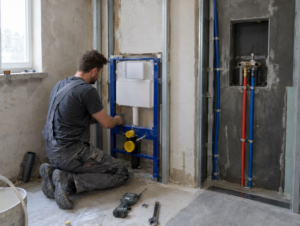Installateur montiert Vorwandelement